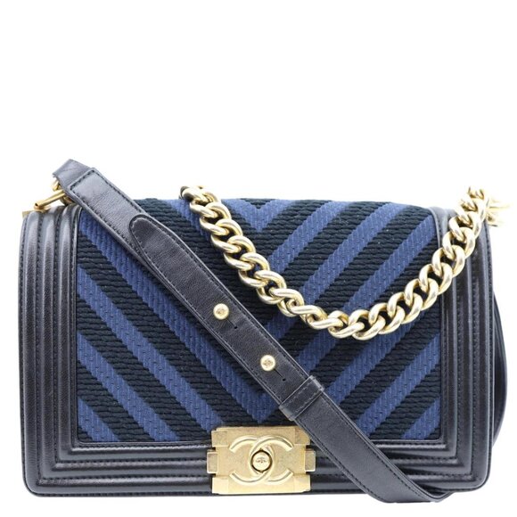 Chanel  Boy Old Medium Braided Chevron Cording Leather Crossbody Bag Navy Blue - Picture 1 of 12